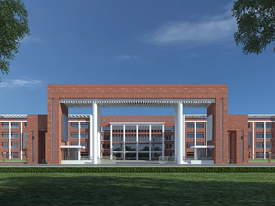 Red Brick School Building Exterior With Grand Gateway White Columns Green Lawn And Trees 3d model