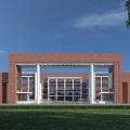 Red Brick School Building Exterior With Grand Gateway White Columns Green Lawn And Trees