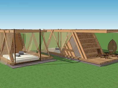 Wooden Guesthouse With Triangular Roof Open Air Design And Green Lawn Relaxation Area 3d model