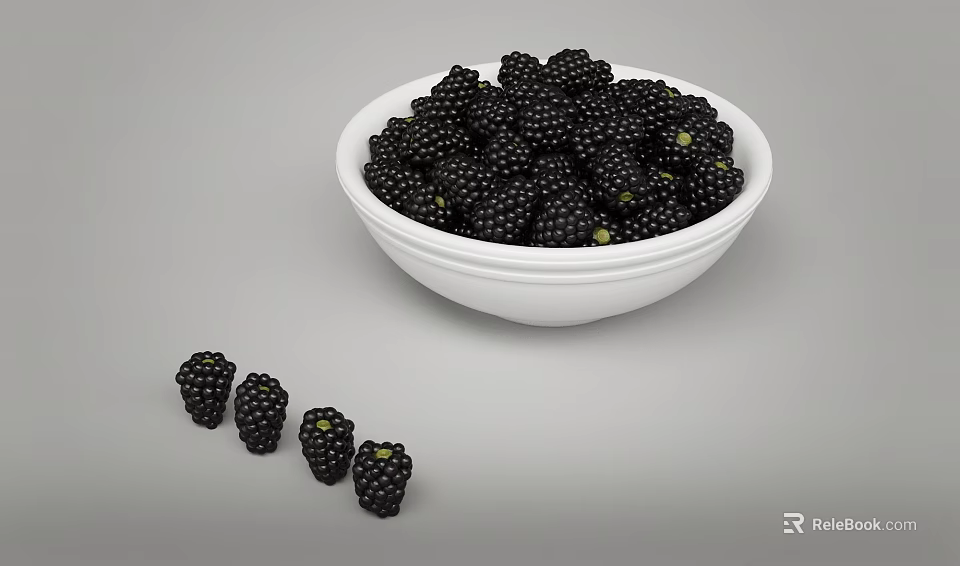 Fresh Juicy Blackberries In White Bowl With Scattered Berries On Surface 3d model 