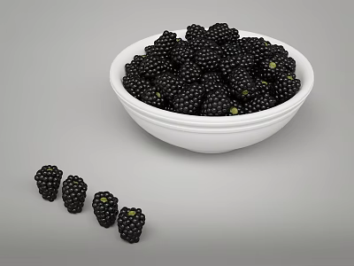 Fresh Juicy Blackberries In White Bowl With Scattered Berries On Surface 3d model