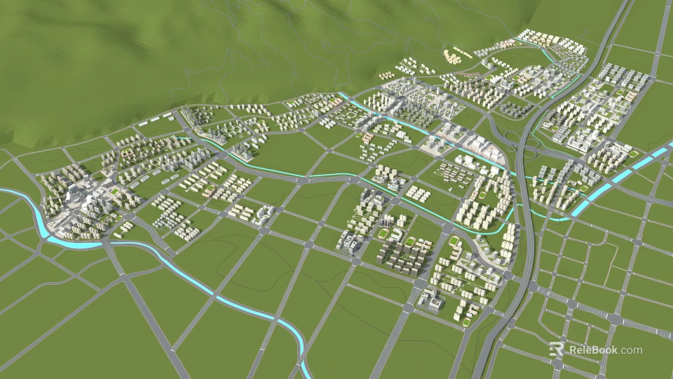 Bird's Eye View Urban Planning With Road Network Buildings Green Spaces And Waterways 3d model 