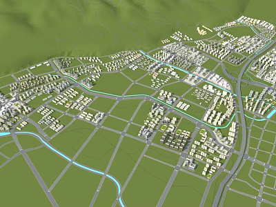 Bird's Eye View Urban Planning With Road Network Buildings Green Spaces And Waterways 3d model