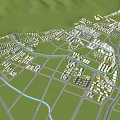 Bird's Eye View Urban Planning With Road Network Buildings Green Spaces And Waterways
