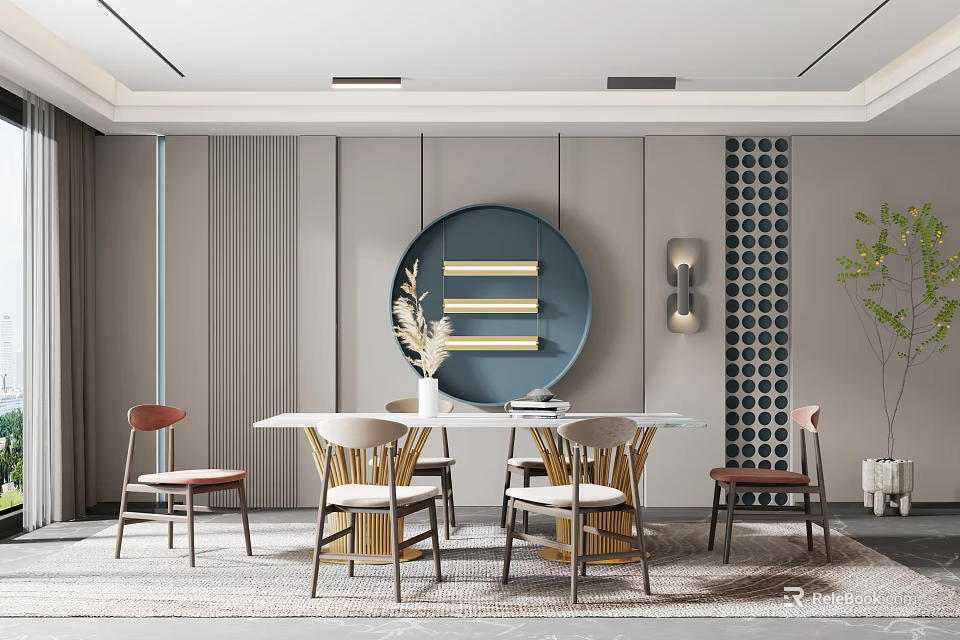 Modern Restaurant with Round Dining Table Decorative Wall Art Metal Frame Chairs and Green Plant 3d model 