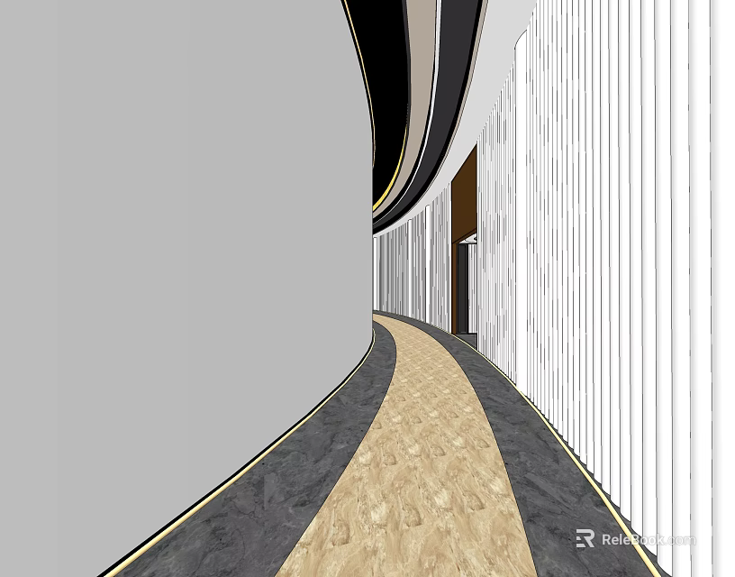Modern Elevator Corridor Interior With Curved Walls And Wooden Gray Floor 3d model 