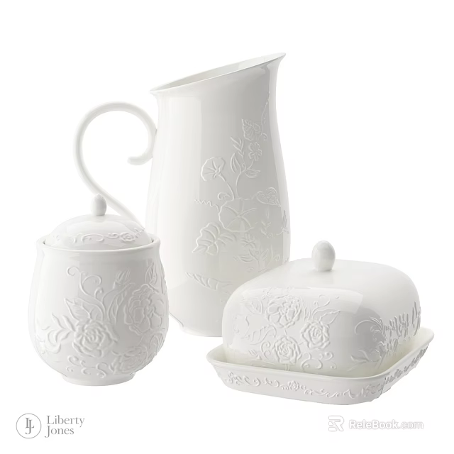 White Floral Carved Dinnerware Set with Sugar Bowl Creamer and Butter Dish 3d model 