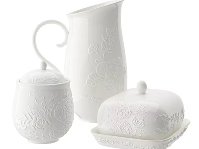 White Floral Carved Dinnerware Set with Sugar Bowl Creamer and Butter Dish 3d model