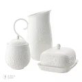 White Floral Carved Dinnerware Set with Sugar Bowl Creamer and Butter Dish