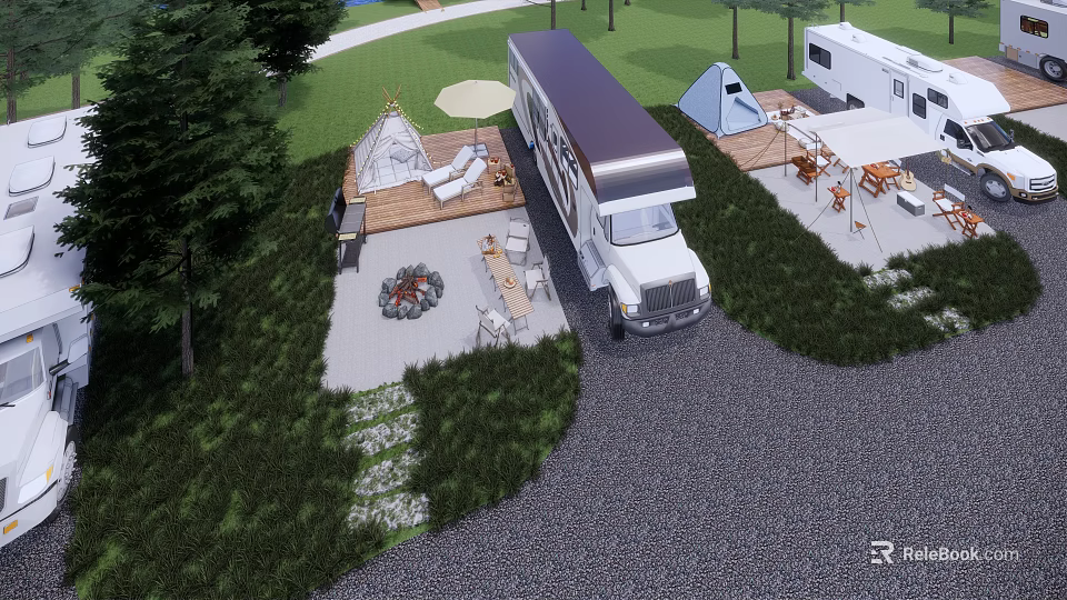 Garden Landscape Design with RV Camper Tent Outdoor Furniture Lawn and Trees 3d model 
