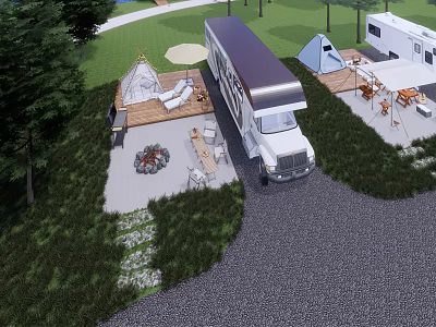 Garden Landscape Design with RV Camper Tent Outdoor Furniture Lawn and Trees 3d model