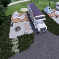 Garden Landscape Design with RV Camper Tent Outdoor Furniture Lawn and Trees