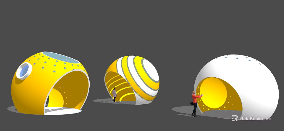 Yellow And White Striped Spherical Buildings With Dotted Patterns And People Nearby 3d model 