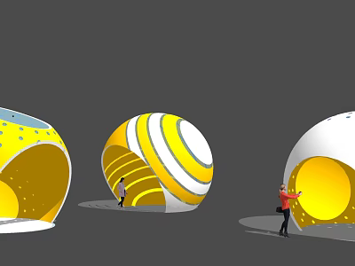 Yellow And White Striped Spherical Buildings With Dotted Patterns And People Nearby 3d model
