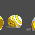 Yellow And White Striped Spherical Buildings With Dotted Patterns And People Nearby