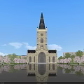 European Style Architecture With Spire Tower Clock Water Reflection And Cherry Blossom Trees