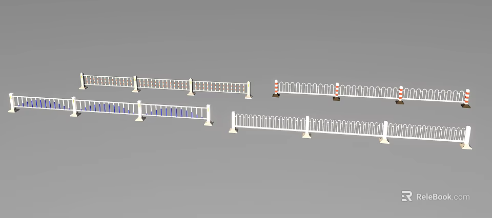 White Road Guardrails With Various Designs Including Blue Lines And Warning Posts 3d model