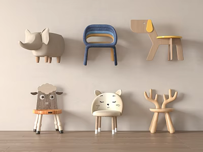 Adorable Animal Shaped Wooden Children's Chairs For Kids Room Decor 3d model