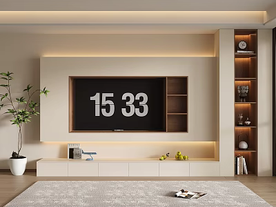 Modern TV Wall Design With Wooden Shelves Cabinets LED Lighting And Potted Plant 3d model