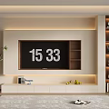 Modern TV Wall Design With Wooden Shelves Cabinets LED Lighting And Potted Plant