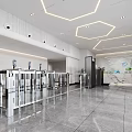 Modern Reception Area Interior With Front Desk Digital Screen Turnstiles And Green Plants