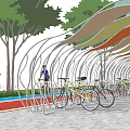 Colorful Curved Canopy Along Bicycle Path With Pedestrians Cycling And Greenery