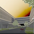 Modern Office Building Complex With Trees Road And Red Car In Landscaped Area