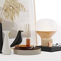 Minimalist Modern Decorative Ornament Arrangement With Palm Leaves Vase Bird Figurine Diffuser And Table Lamp