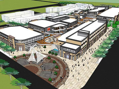Modern Commercial Street With Pedestrian Plaza Buildings Trees And Crowded People 3d model