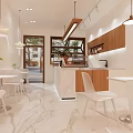 Modern Minimalist Restaurant Interior With White Marble Countertop Hanging Lights And Wooden Cabinets