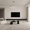 Modern Living and Dining Room Interior Design With Navy Sofa Coffee Table And Pendant Light