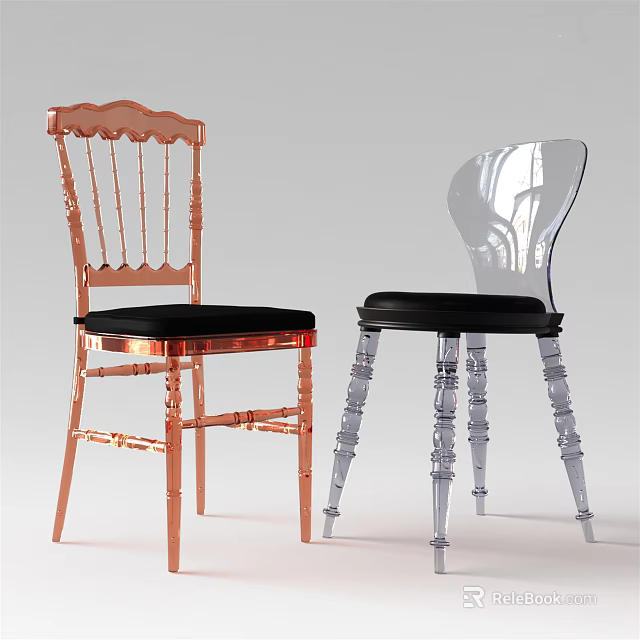 Rose Gold and Transparent Leisure Chairs with Black Cushions and Elegant Back Designs 3d model 