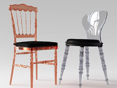 Rose Gold and Transparent Leisure Chairs with Black Cushions and Elegant Back Designs 3d model