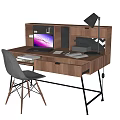 Modern Wooden Home Office Desk With Laptop Papers Desk Lamp And Minimalist Chair