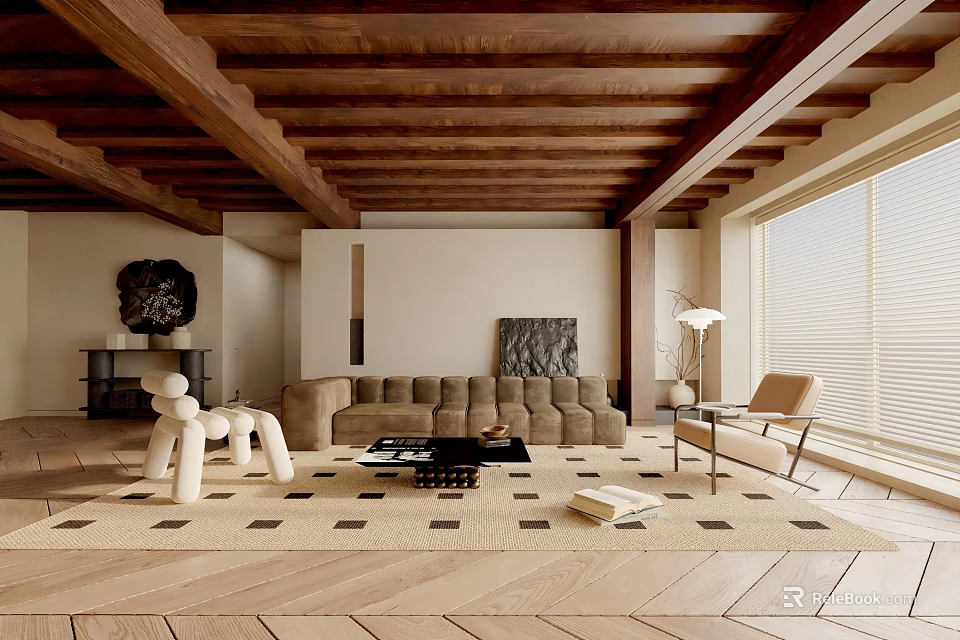 Modern Living Room Interior Wooden Ceiling Beige Sofa Geometric Rug Floor to Ceiling Windows Artwork 3d model 