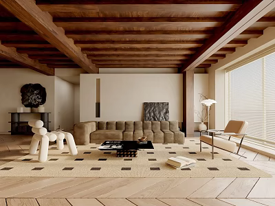 Modern Living Room Interior Wooden Ceiling Beige Sofa Geometric Rug Floor to Ceiling Windows Artwork 3d model