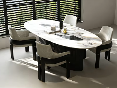 Modern Style Oval Marble Dining Table Set with Four Light Gray Upholstered Chairs Black Legs 3d model