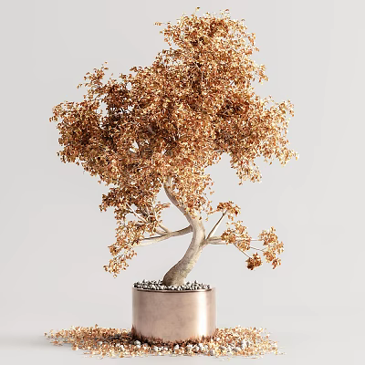 Bonsai Plant With Golden Leaves And White Trunk In Copper Pot With Small Pebbles 3d model