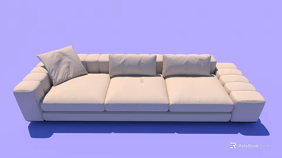Modern Light Colored Three Seater Sofa With Plush Cushions And Purple Backdrop 3d model