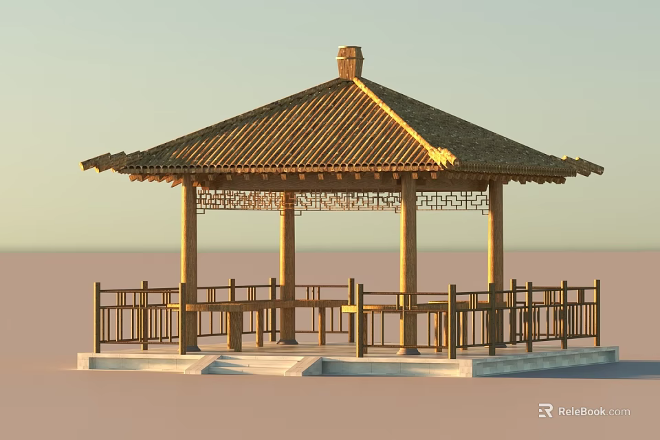 Ancient Chinese Pavilion Traditional Design With Wooden Structure Tiled Roof And Carved Railings 3d model 