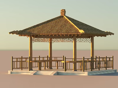 Ancient Chinese Pavilion Traditional Design With Wooden Structure Tiled Roof And Carved Railings 3d model
