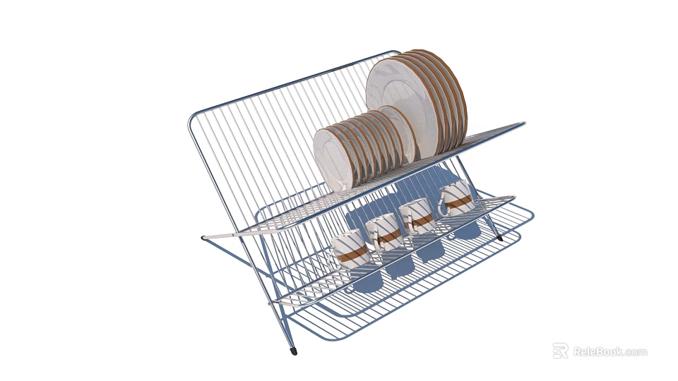 Sturdy Dishware Set With Metal Rack Stacked Plates And Cups 3d model 