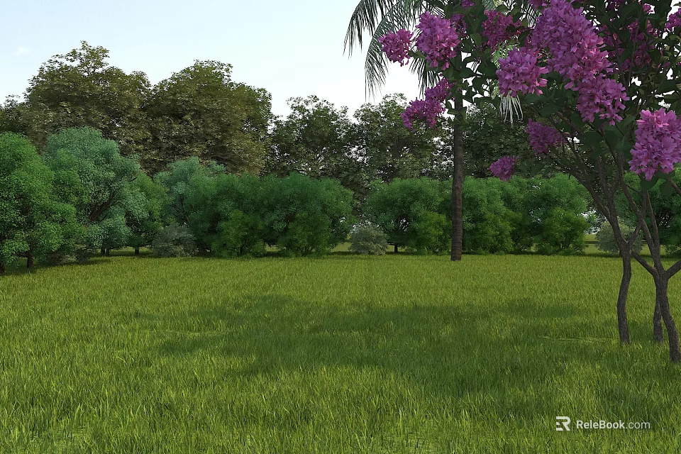 Municipal Road With Green Lawn And Trees Featuring Purple Flowering Plants 3d model 