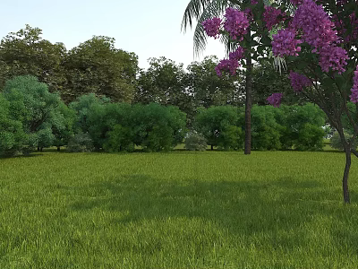 Municipal Road With Green Lawn And Trees Featuring Purple Flowering Plants 3d model