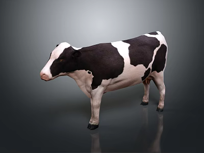 Black and white spotted cow standing on gray background with reflection 3d model