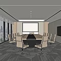 Modern Conference Room Interior With Large Windows City View Long Table Chairs And Projection Screen