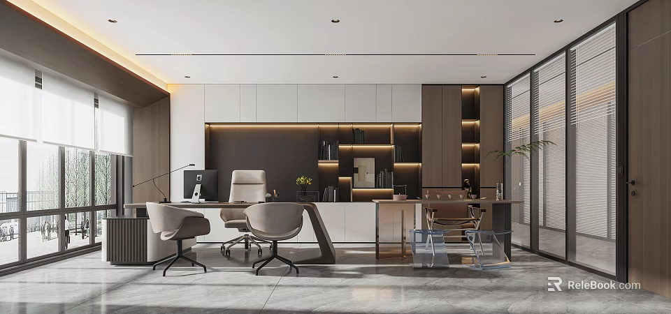 Modern Office Interior With Spacious Layout Wooden Shelves White Cabinets Ergonomic Chairs And Recessed Lighting 3d model 