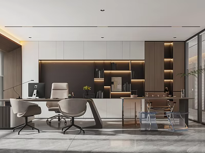 Modern Office Interior With Spacious Layout Wooden Shelves White Cabinets Ergonomic Chairs And Recessed Lighting 3d model