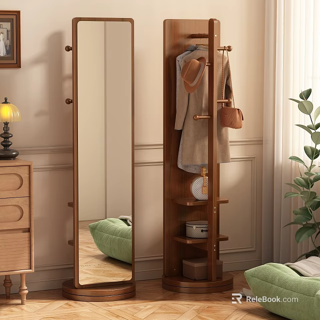 Wooden Hallway Mirror with Coat Rack Hanging Hat Bag and Storage Shelves 3d model 
