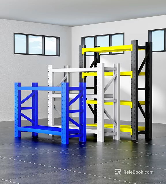 Multi Colored Metal Storage Shelving Units Displayed Indoors With Window Background 3d model